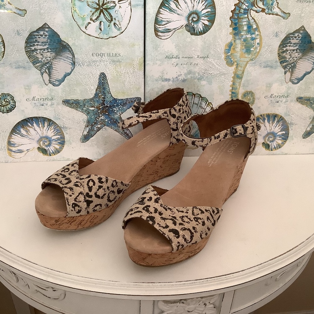 Toms Leopard Cork Wedge Platform Sandals